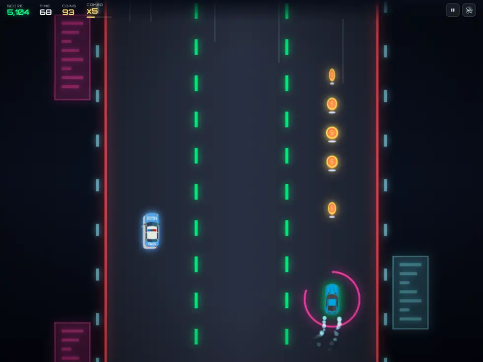 Magnet active at 68 seconds: a magenta ring around the car, a line of coins in the right lane, a police car in the left lane and a x5 combo with 93 coins.