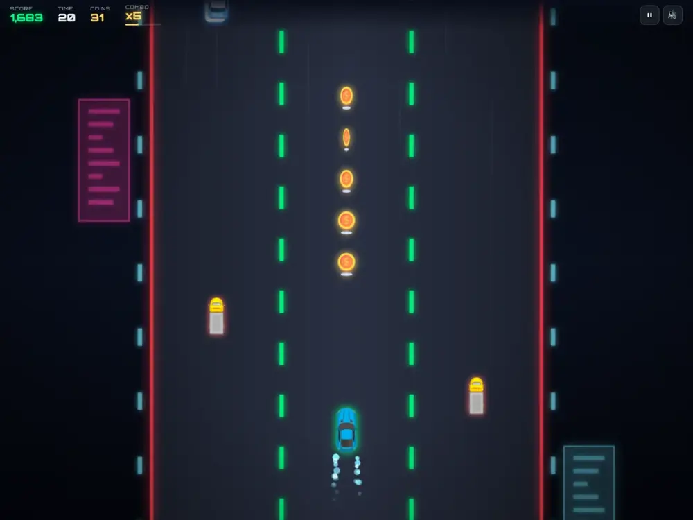 The player's car in the centre lane of a neon highway, a run of coins ahead, a x5 combo in the heads-up display and two rival cars closing in.