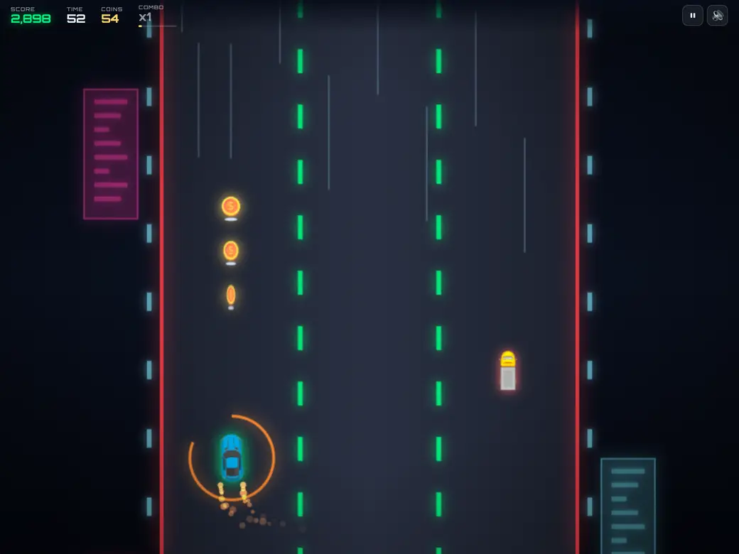 Turbo active at 52 seconds: an orange ring around the car, speed streaks on the road and 2,898 points in the display.